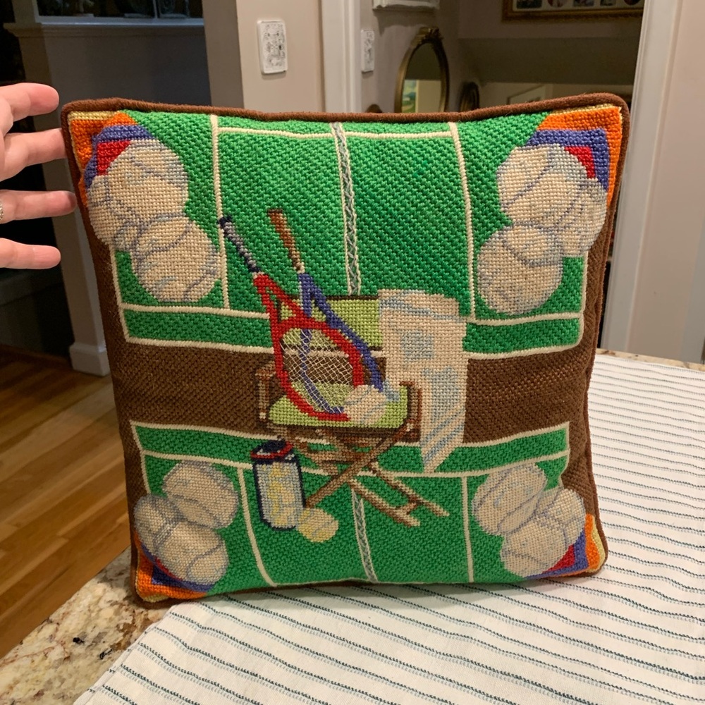 Vintage Needlepoint Tennis Design Throw Pillow